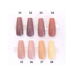 A chart showing press on nails of various nude colors such as tan, peach, light brown and dark brown.