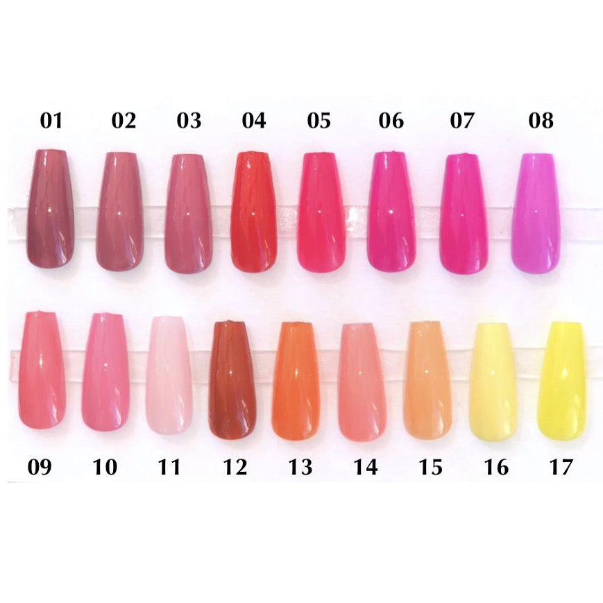 A chart showing press on nails of various warm colors such as red, orange, yellow, and pink.